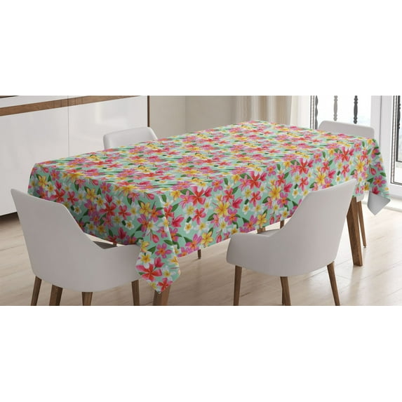 Plumeria Tablecloth, Exotic Frangipani Blossoms in Watercolor Style Summer Spring Floral Design, Rectangle Satin Table Cover Accent for Dining Room and Kitchen, 60" X 90", Multicolor, by Ambesonne
