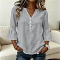 thumbnail image 4 of thefmos Women's Fall Winter V Neck 3/4 Sleeve Blouses Ruffle Button Down Casual Solid Tops Loose Pullover Sweater Shirts for Work Travel, Gray L, 4 of 8