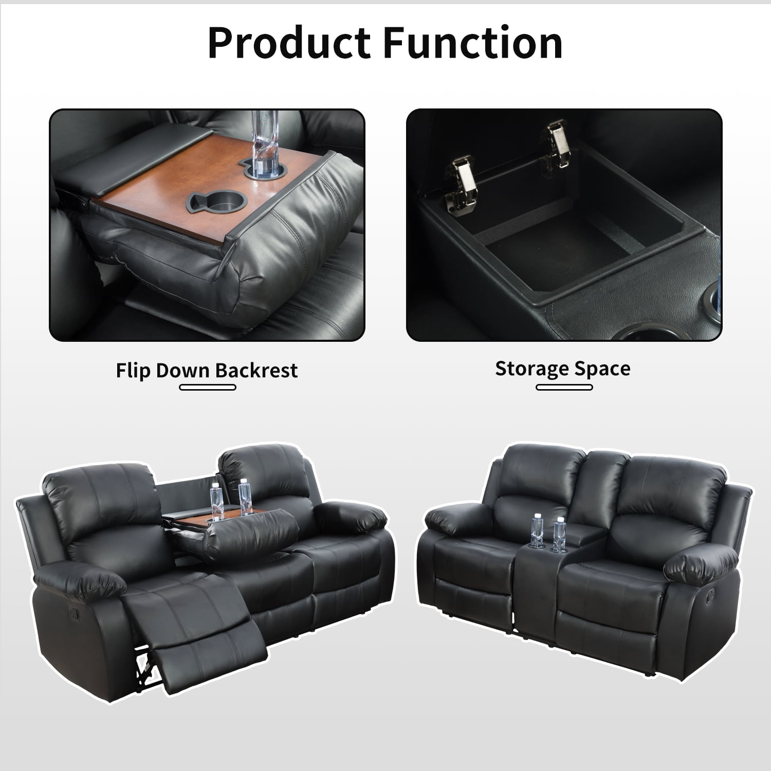 Lumary 3 Piece Glam Leather Reclining Living Room Set Black