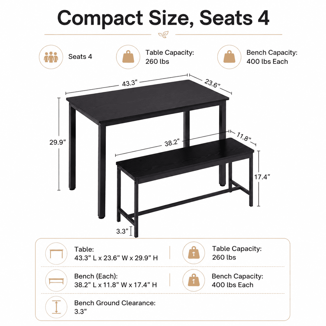 Aukfa 3-Piece Dining Table Set for 4, Kitchen Table with 2 Benches, Space-Saving Dining Room Table Set for Small Spaces,Black