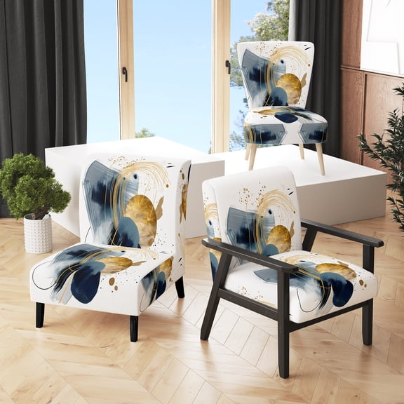 Designart "Landscape of Dark Blue and Gold Strokes III" Upholstered Modern Geometric Accent Chair and Modern & Contemporary Arm Chair - Multiple Color & Pattern