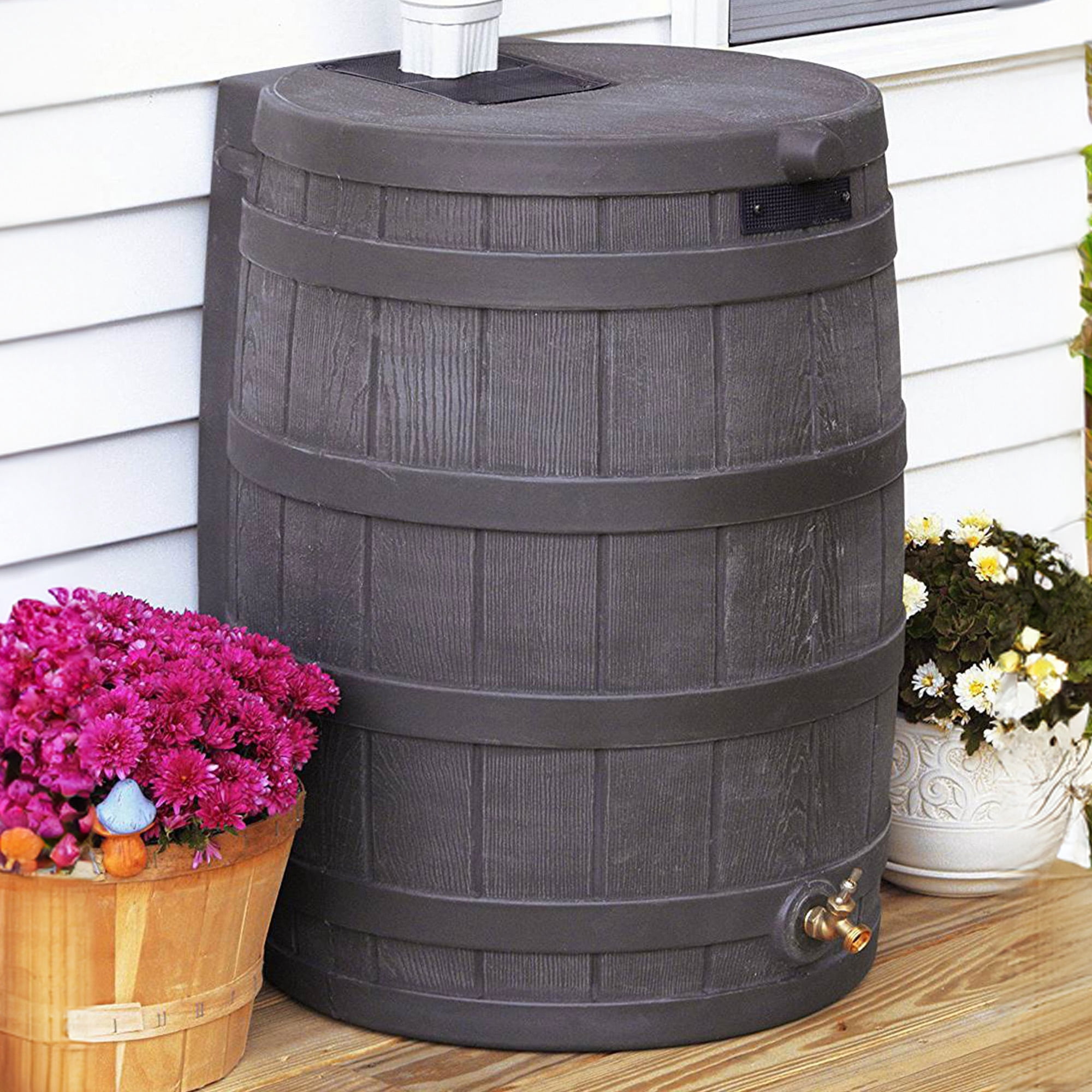 Good Ideas RW50 Rain Wizard 50gal Plastic Rain Barrel Water Collector, Oak