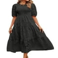 thumbnail image 2 of Femmes Été Bouffée Manches Robe Smocked Floral en Vrac Fluide Robe Haute Taille Dentelle Floral Étagé Midi Robe Bleu Ciel XL, 2 of 4
