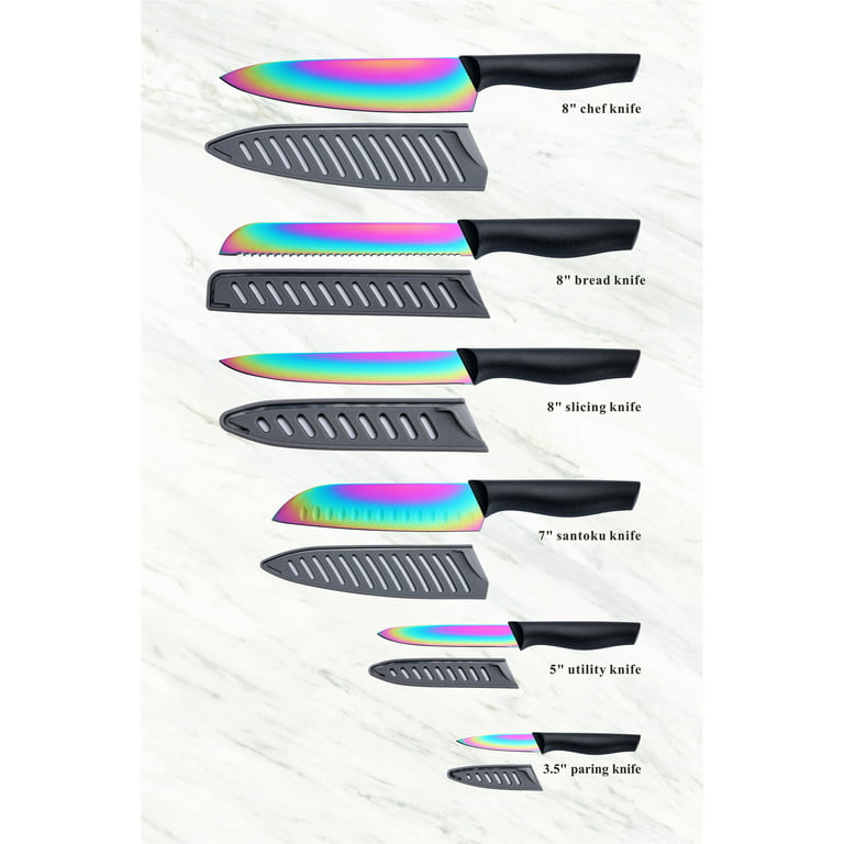  12 Pcs Steel Rainbow Kitchen Knife Set - Dishwasher Safe Knives  with Sheath Covers - Sharp Multicolored Colorful Set For The Kitchen With  Bread, Slicer, Santoku, Utility, Paring Knives: Home & Kitchen