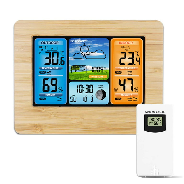 Wireless indoor-outdoor thermometer with alarm clock