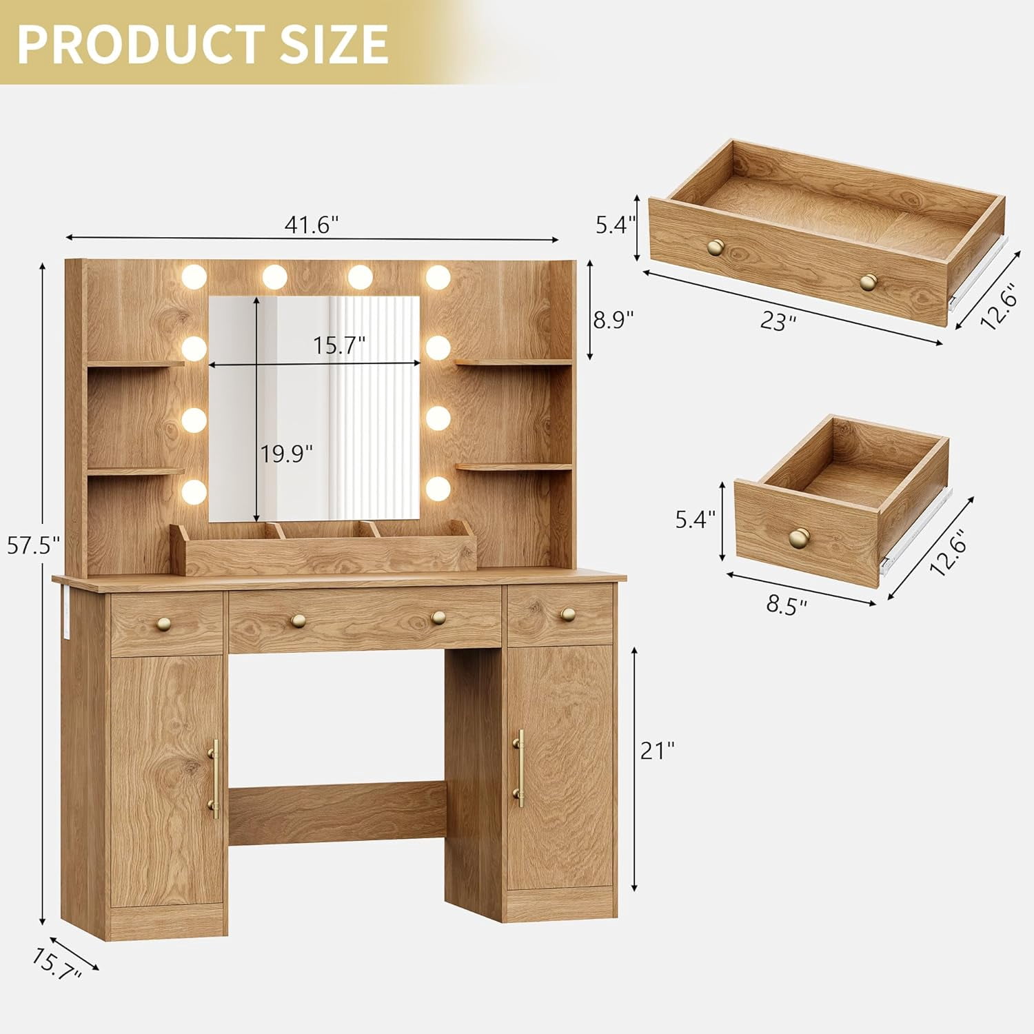 FANRAL 43'' Vanity Desk with 10 LED Lights,Under-Table RGB Strip & Built-in Power Station,Multi-Storage Makeup Table for Bedroom Bathroom Grooming,Natural Oak Vanity