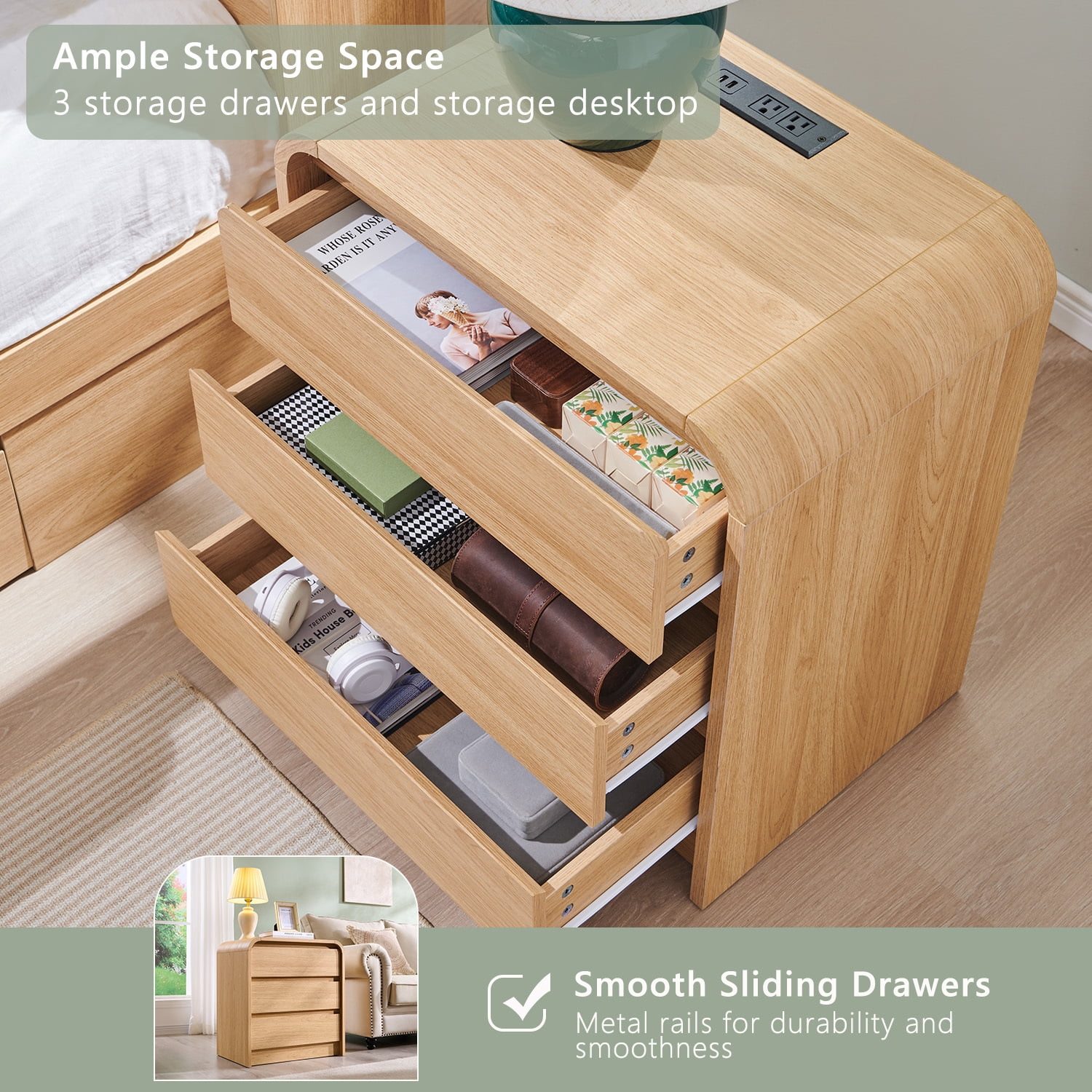 wow97e Modern Nightstand with Charging Station, 3 Drawer Wood Bedside Table w/Curved Profile Design for Bedroom