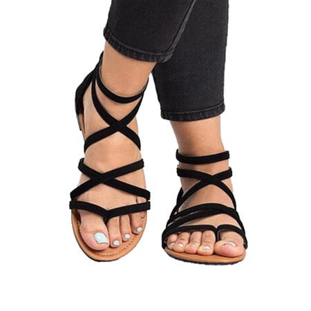 Women's Gladiator Flat Sandals Casual Beach Y-strap Lace Up Ankle Shoes ...