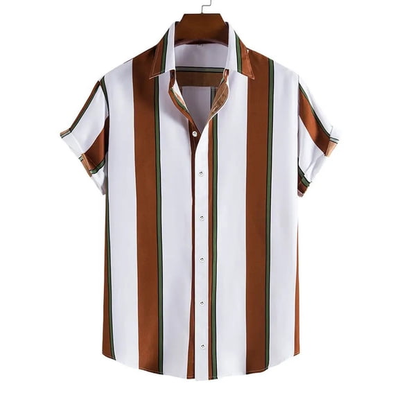 lcziwo Mens Bowling Shirts Big and Tall,Men's Short Sleeve Button Down Striped Shirts Hawaiian Casual Colorblock Print Beach Shirt Summer Top 2024,Brown S