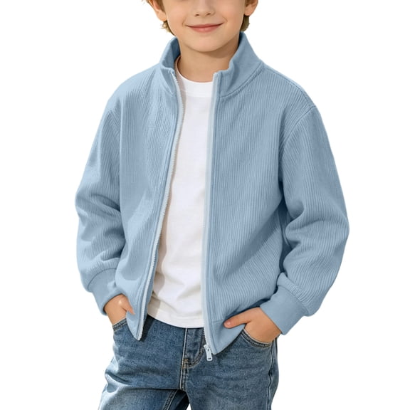 CYRBOKO Boys Corduroy Jackets Size 10-12, Stand Collar Lightweight Full Zip Soft Kids Outerwear Blue