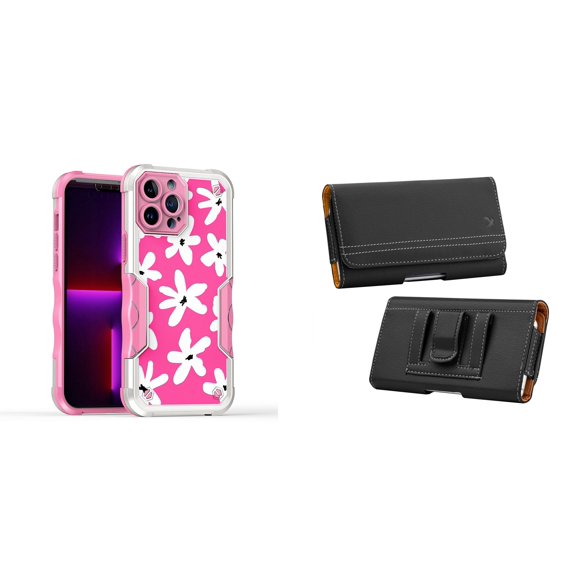 Case and Pouch Bundle for iPhone 14: Heavy Duty Armor Rugged Case (White Flowers on Pink) and PU Leather Magnetic Belt Holster