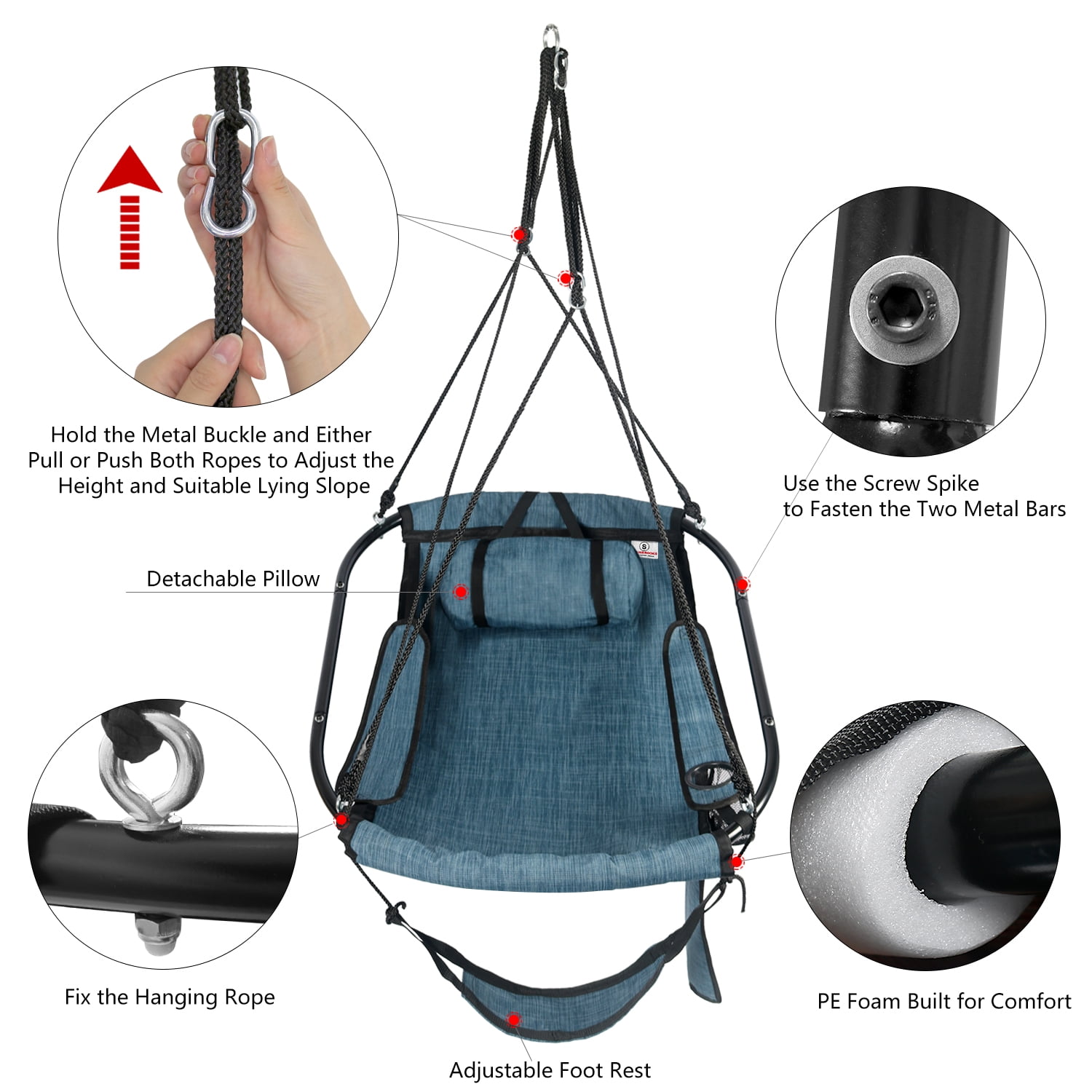 Bathonly Polyester Hammock Chair with Footrest, Max 330 lbs Capacity, Blue. G1-0018BU