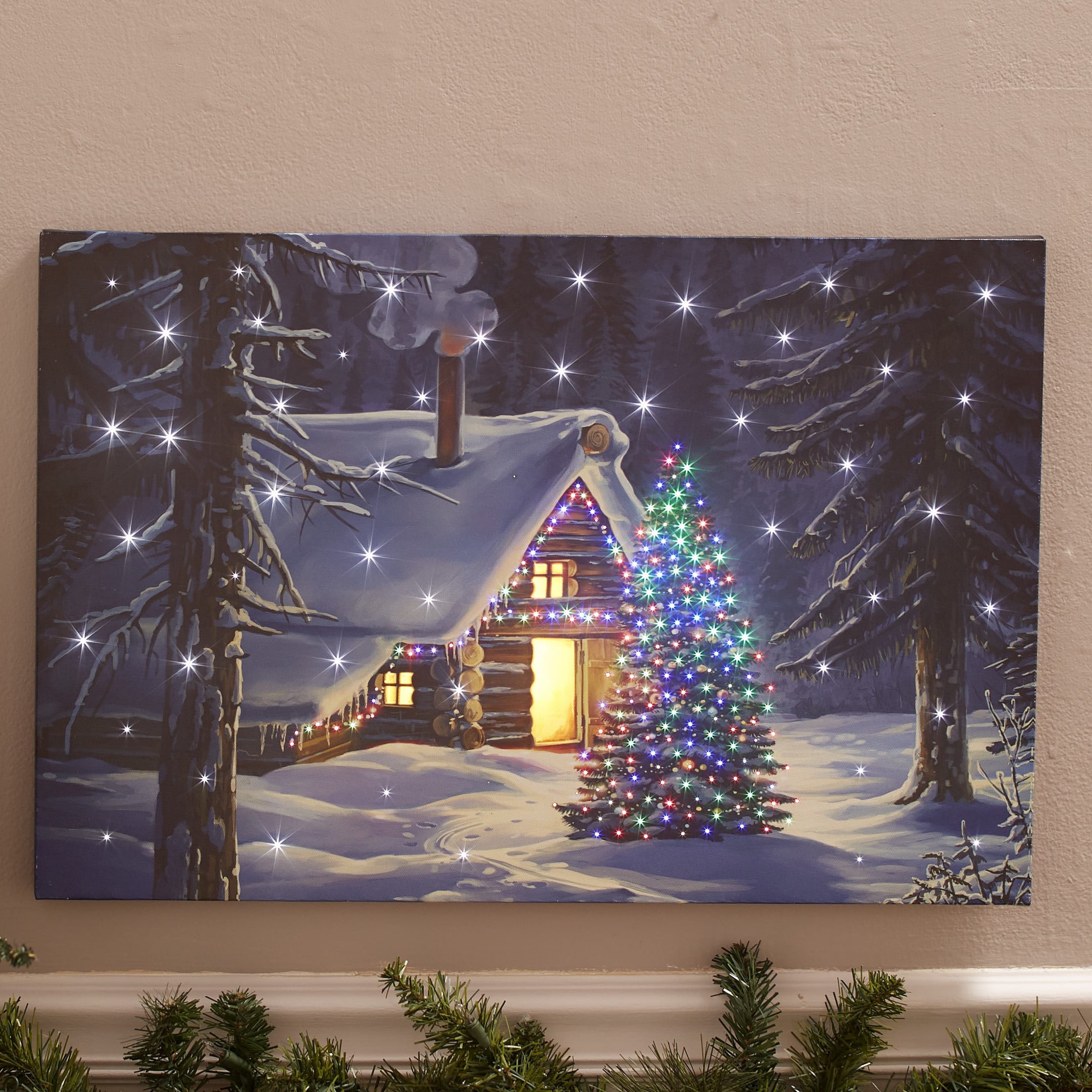 Cold Winters Night Lighted Canvas Wall Decor Sign Fireplace Fire Wood Beautiful! 