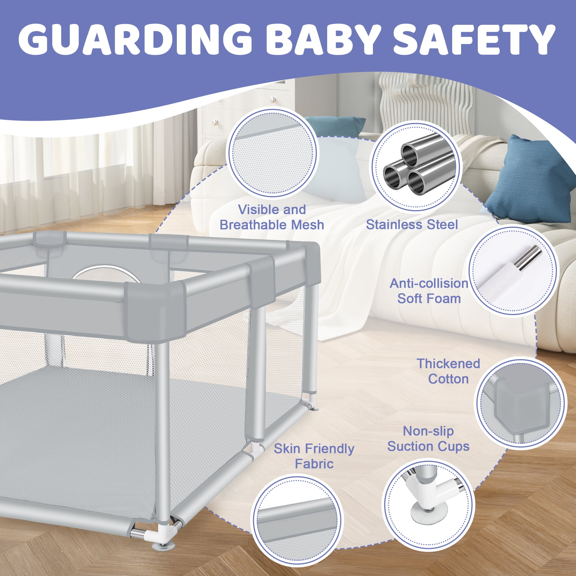 Baby Playpen, HDJ 50*50 inch Baby Play Yard with Soft Breathable Mesh and Anti-Slip Base, Baby Fence Infant Playard for Boy and Girls, Gray