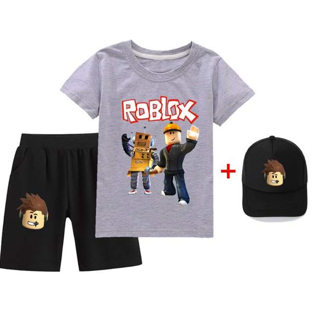 Juego Roblox de tres piezas para niños y niñas, traje informal, periférico, bidimensional, camisetas y pantalones cortos + sombreros