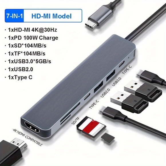 MesaSe Ultimate 4K 30Hz USB-C Hub - Type-C to HDTV Adapter with 100W Power Delivery USB 3.0 Multi Splitter Converter for MacBook Air Pro Samsung and More - Compact High-Speed and Mult