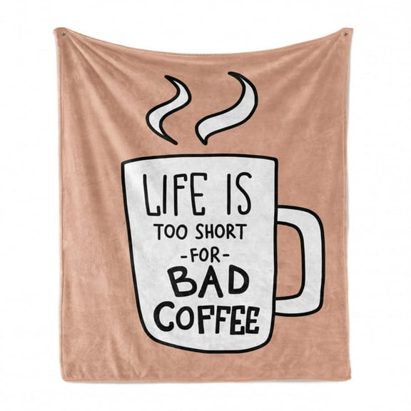 Lettering Soft Flannel Fleece Throw Blanket, Life is too Short for Bad Coffee Typography with a Mug Cafe Mood Booster, Cozy Plush for Indoor and Outdoor Use, 50" x 60", Coral and White, by Ambesonne