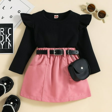 

Hunpta Toddler Girls Ruffles Long Sleeve Ribbed Tops And Skirts Belt Waist Bag Outfits