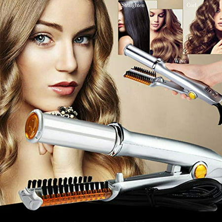Professional 3-Mode 2-Way Rotating Curling Iron Hair Brush Curler Straightener Salon Hairdressing (Best Size Curling Iron For Waves)