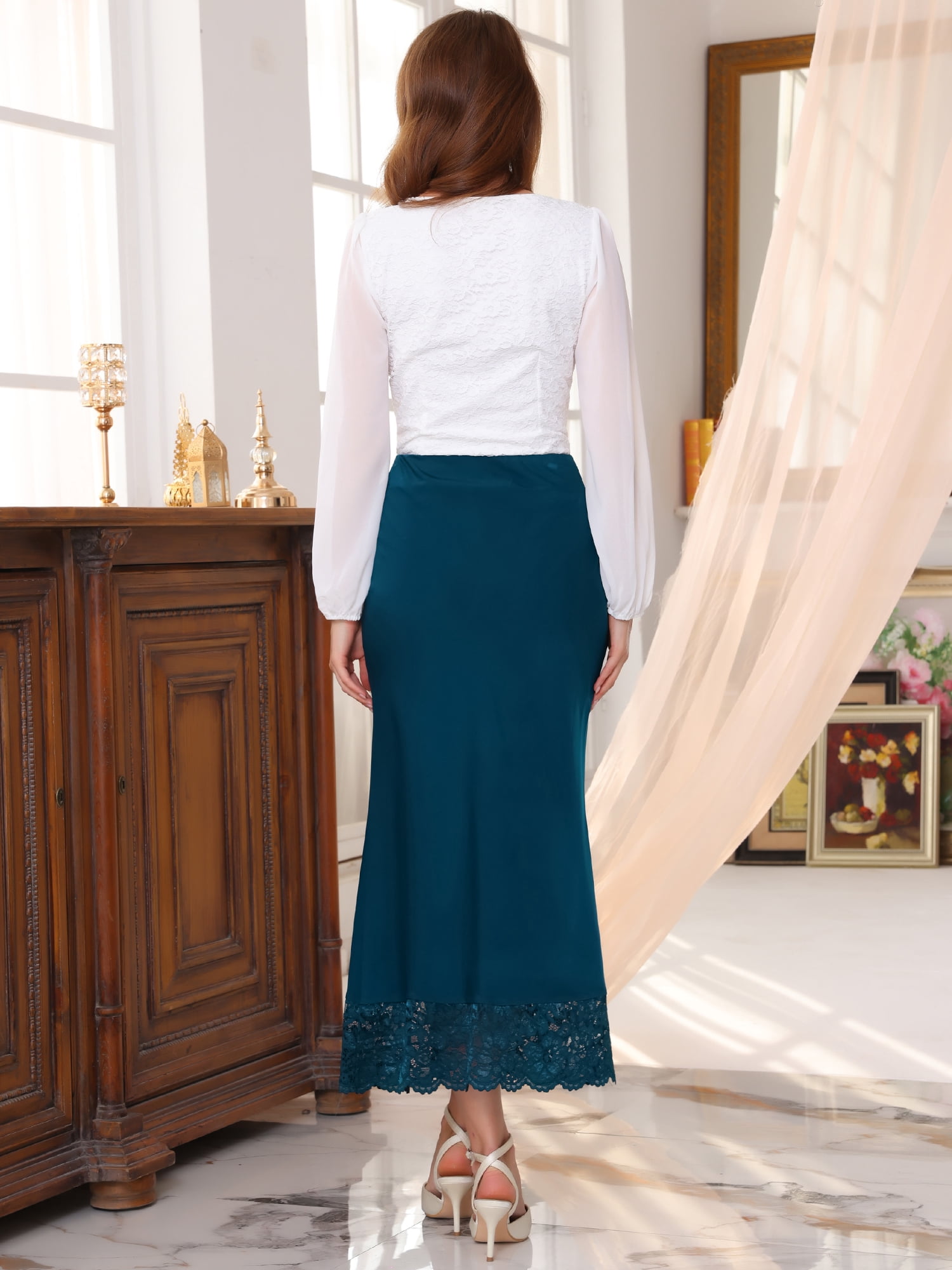 DARING DIVA Women's Satin Formal Lace Trim High Waist Maxi Skirts M Blue