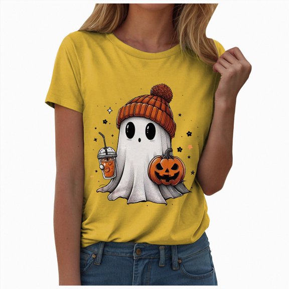 TOWED22 Halloween Shirts for Women Cute Ghost with Coffee Pumpkin Shirts Cute Fall Short Sleeve Graphic Tee Tops(Yellow,XXL)