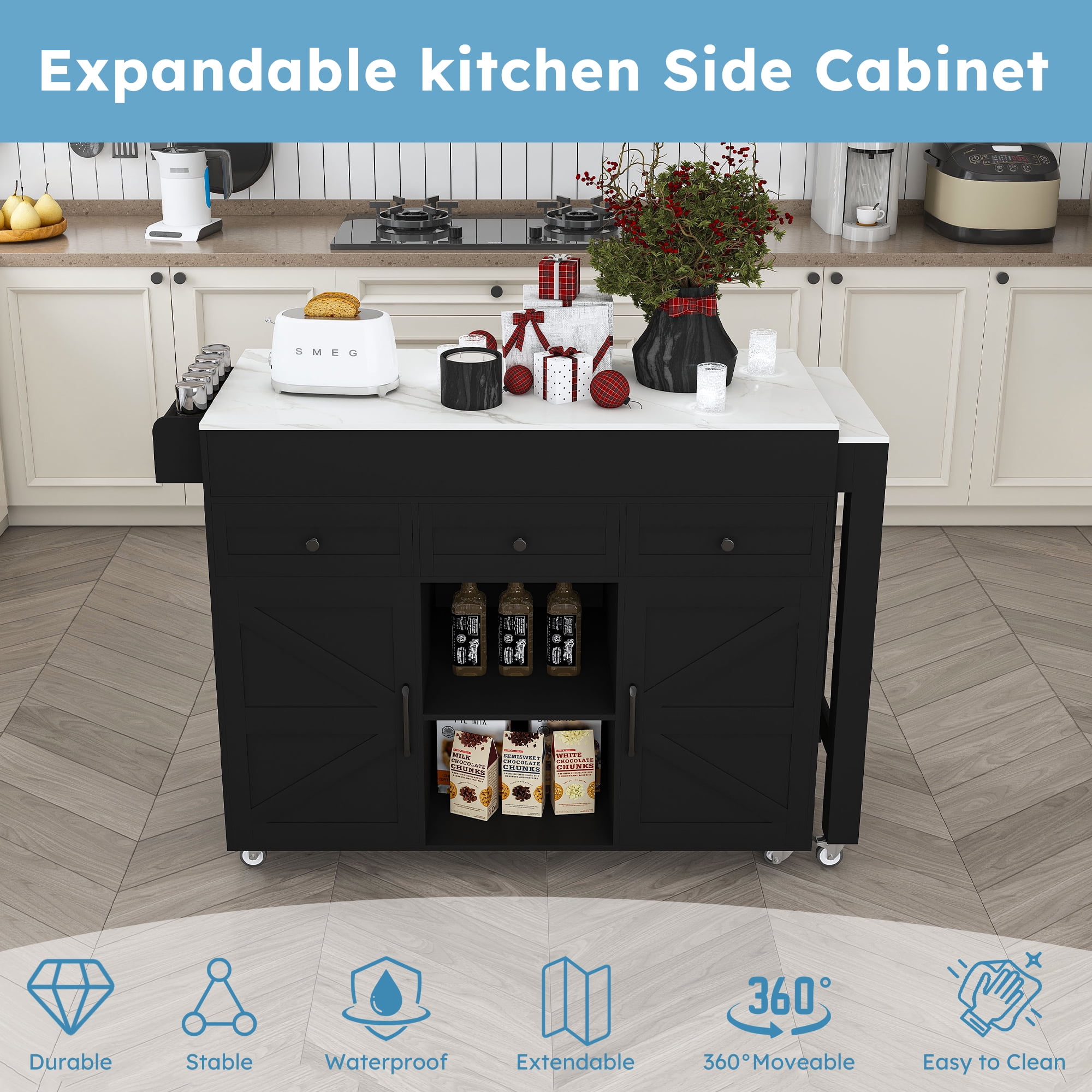 Leumius 74.8" Kitchen Island with Extendable Dining Table,Rolling Kitchen Island Cart on Wheels with 3 Drawers & Cabinet & Built-in Power Outlet,Island Table for Kitchen,Dining Room,Black
