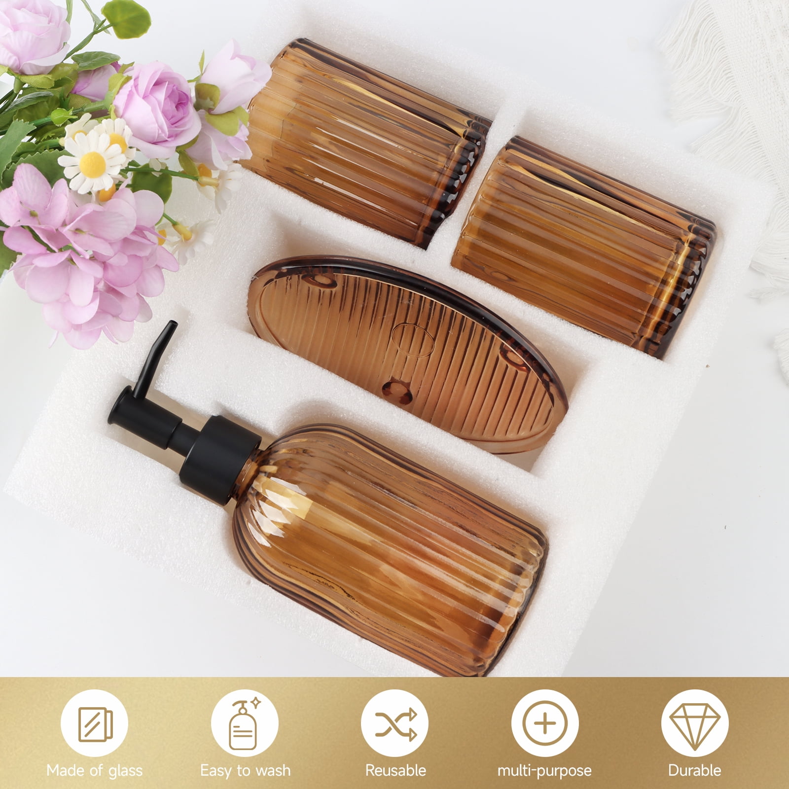 Bathroom Accessories Set, 4Pcs Bathroom Glass Soap Dispenser Set ,with Soap Dispenser , Soap Dish, Tumbler,Brown