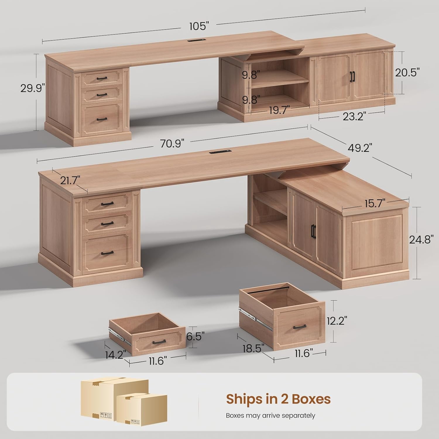 SEDETA Farmhouse L Shaped Desk with Storage, 70.9" Home Office Desk with Storage Cabinet and Storage Shelves, L Shaped Computer Desk with Power Outlet for Bedroom, Office, Oak