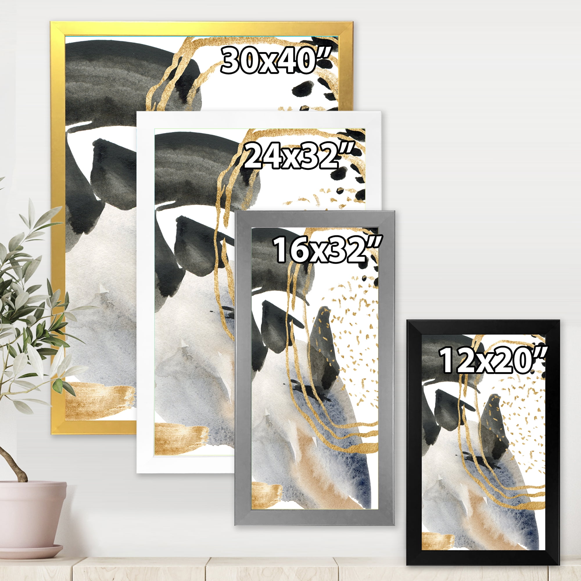 Designart 'Pastel Abstract With Black Blue Beige and Gold Spots' Modern Framed Art Print