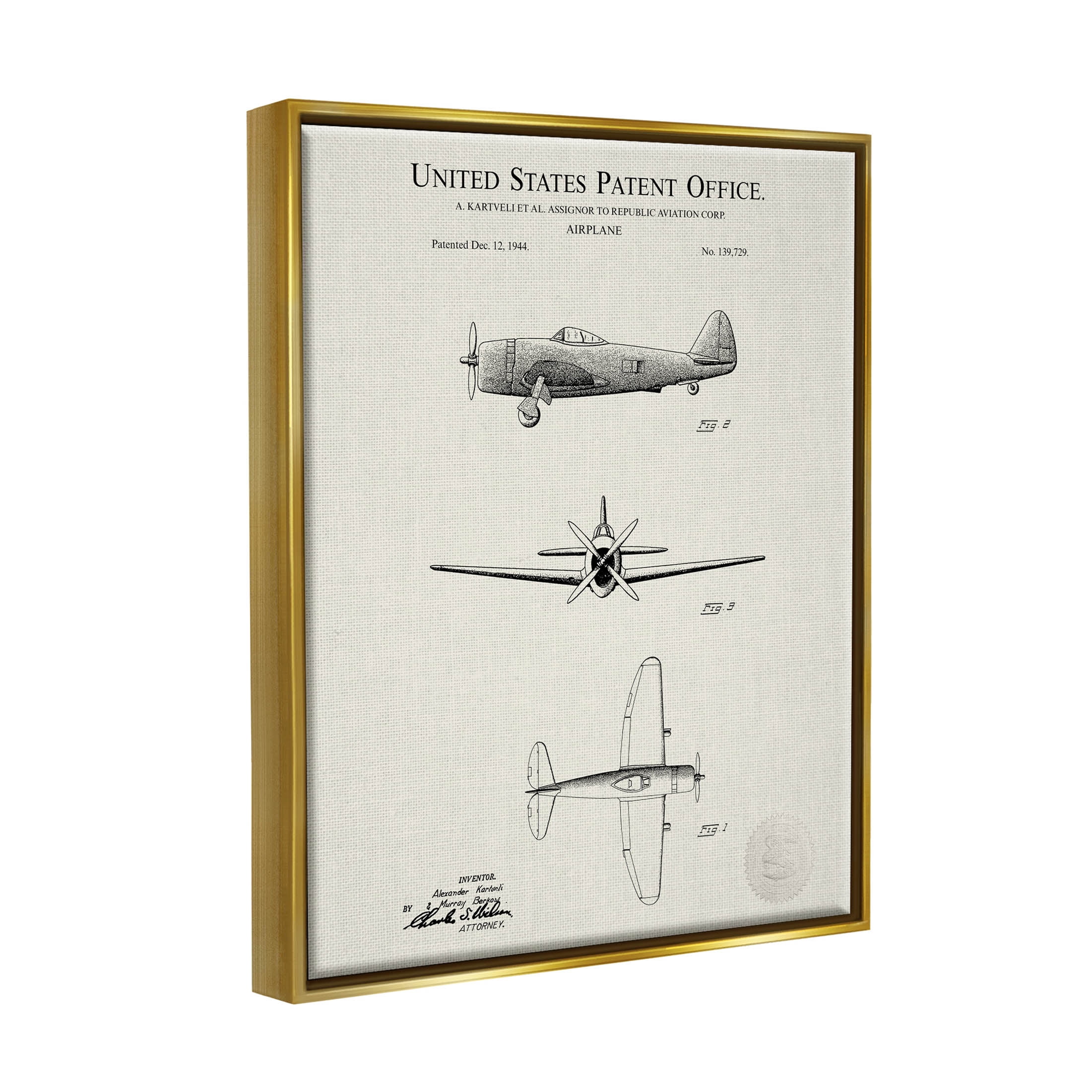Stupell Industries Historic Aircraft Patent Diagram Graphic Art Metallic Gold Floating Framed Canvas Print Wall Art, Design by Karl Hronek