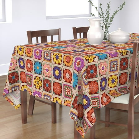 

Cotton Sateen Tablecloth 70 x 144 - Granny Square Garden Flowers Crochet Nostalgic Vintage Print Custom Table Linens by Spoonflower