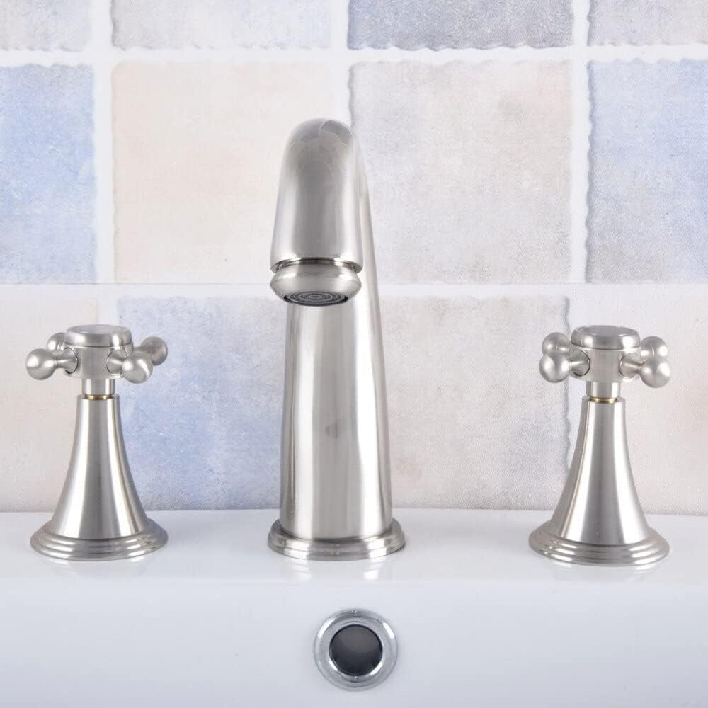 Bathroom Sink Faucet, Brushed Nickel Bathroom Faucet Double Handle Bathroom Basin Faucet 3 Hole Deck Mount Vanity Sink Mixer Tap
