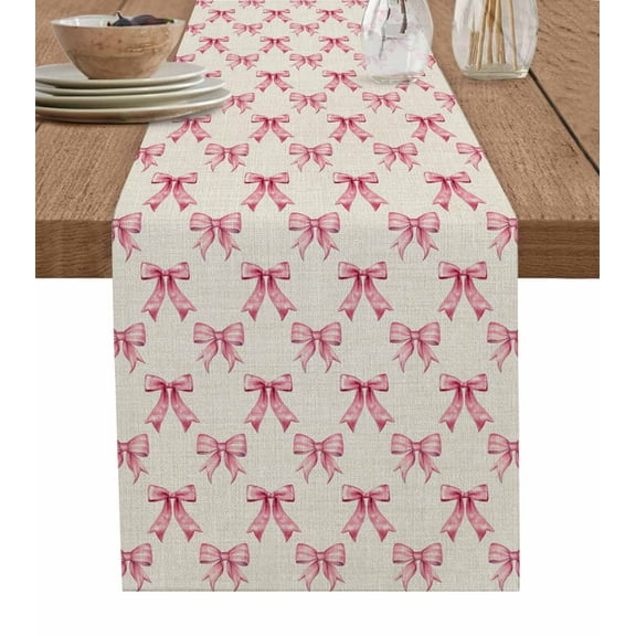 ERUNPONLY Vintage Pink Bow Table Runner - 72 Inch Long Beige Retro Art Aesthetic Cotton and Linen Blended Dress Scarves Farmhouse Table Runner for Kitchen Dining, Coffee Table, 18"x72"