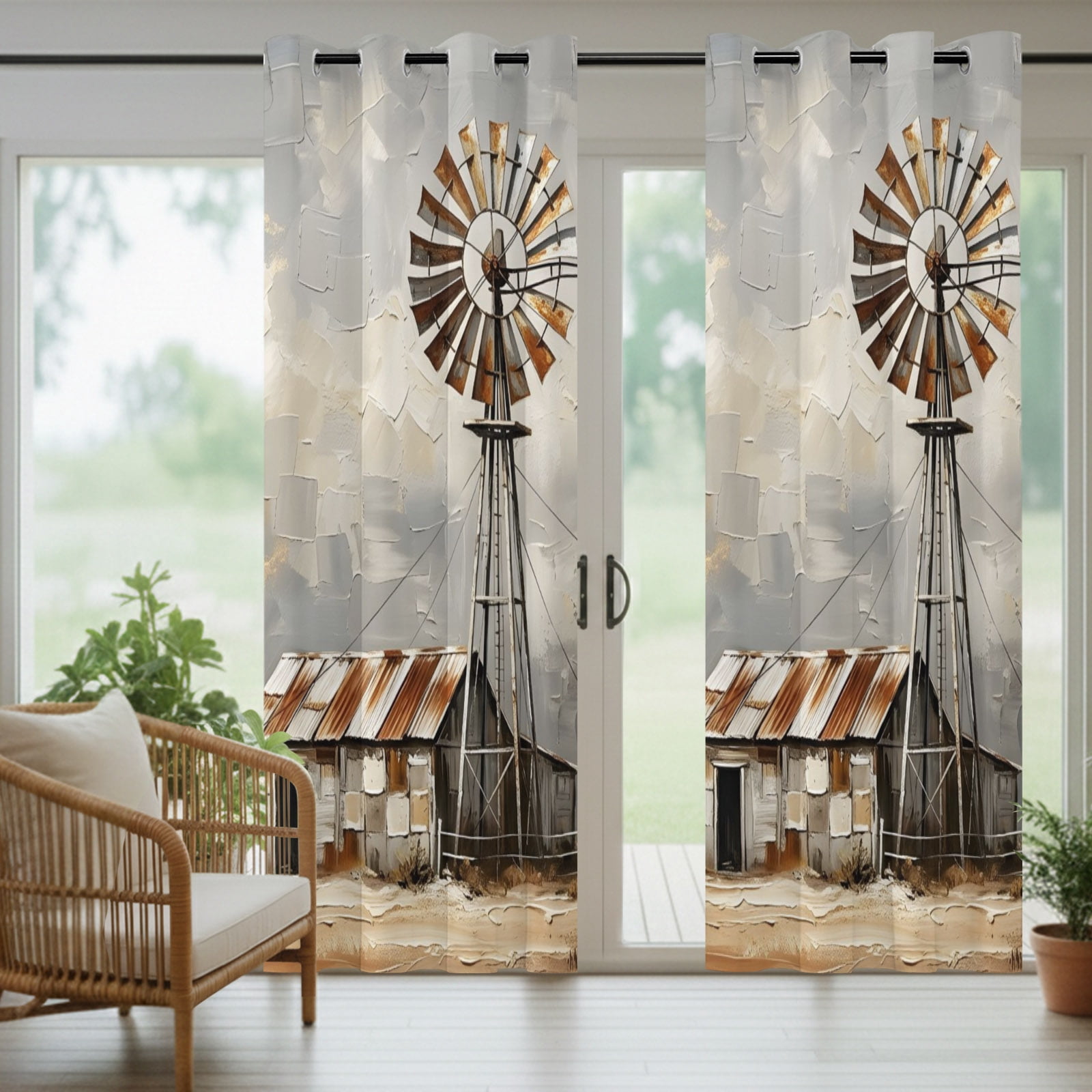 Gray Rustic Windmill Outdoor Curtains for Patio, Farmhouse Country Barn Oil Painting Sunshade Privacy Drapes Grommet Waterproof Outside Curtains for Porch/Cabana/Balcony 54"x 84", 2 Panel