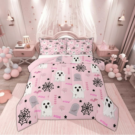 Manfei Girly Pink Halloween Bedding Comforter Set, Cartoon Kawaii Ghost Candy Twin Comforter Sets, Teens Boys Girls Kids Reversible Bedding Set, Breathable Home Decor, 2pcs