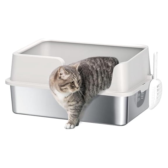 Stainless Steel Litter Box, XL Cat Litter Box with High Side, Extra Large Metal Kitten Litterbox for Big Cats with , Easy Cleaning & Anti-Urine Leakage, Light Gray