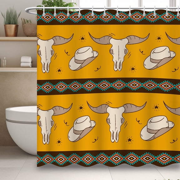 Boho Shower Curtain, Bull Head Print Shower Curtain, Simple Bathroom Decor with 12 Hooks