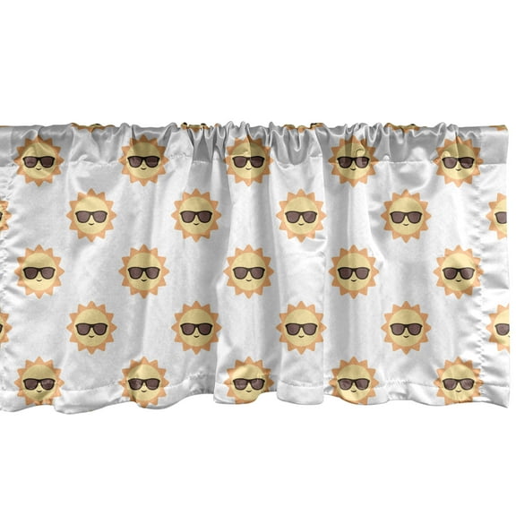 Ambesonne Summer Valance Pack of 2, Smiling Suns Wear Glasses, 54"X18", White Pale Yellow and Orange