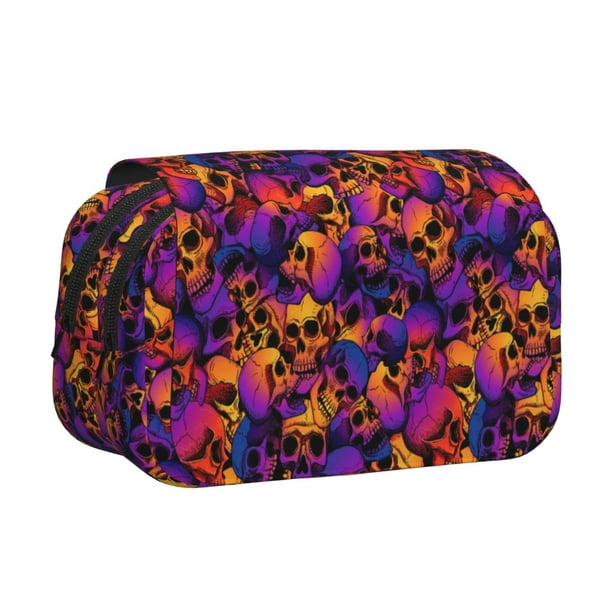 Disketp Skull Estuche de Lápices de Doble Capa con Tapa Abatible y Cremallera, Organizador Escolar para Adolescentes y Adultos