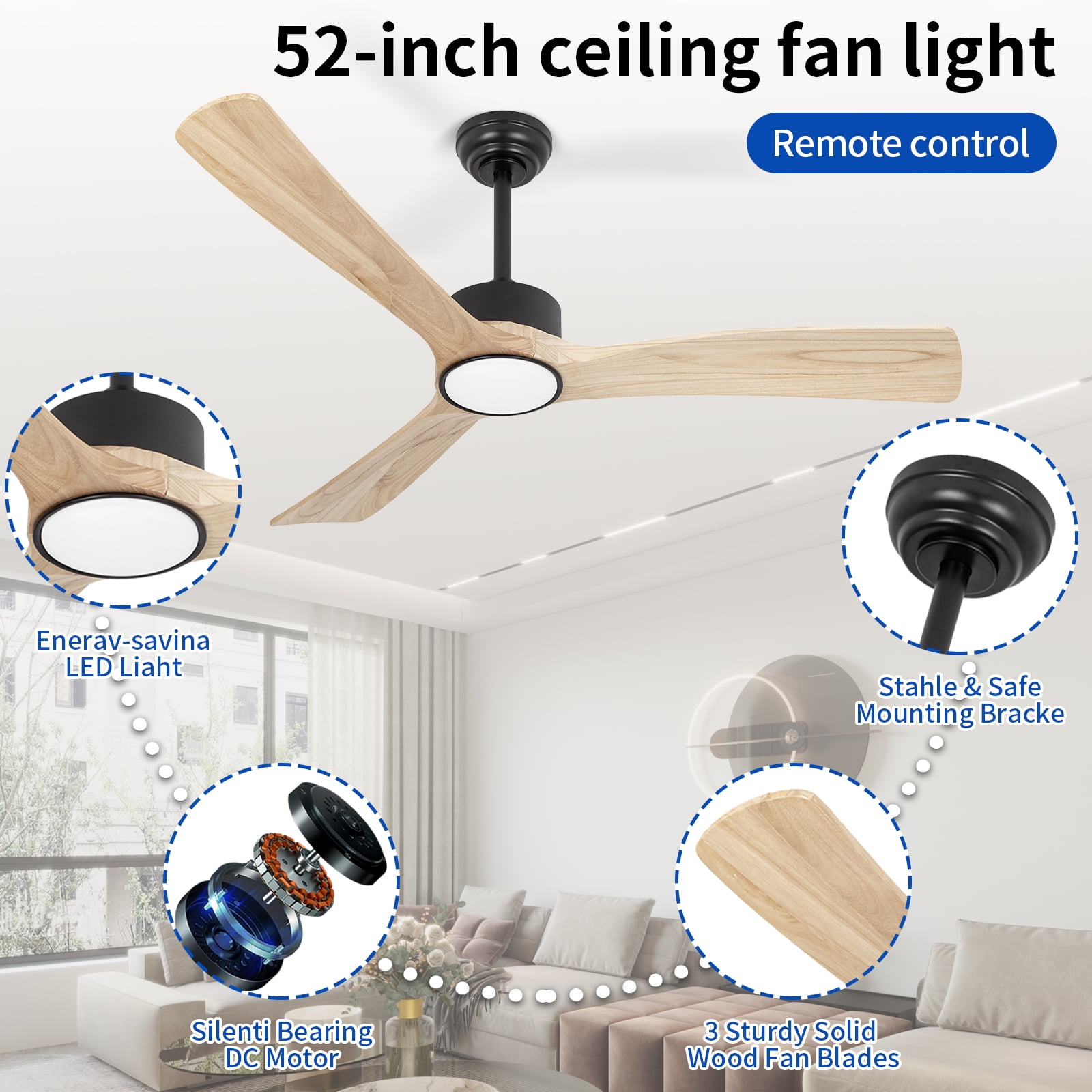 Wozzio 52 inch Ceiling Fan with Light and Remote,DC Motor,3CCT Dimmable LED Light,3 Solid Wood Blades,Indoor & Outdoor