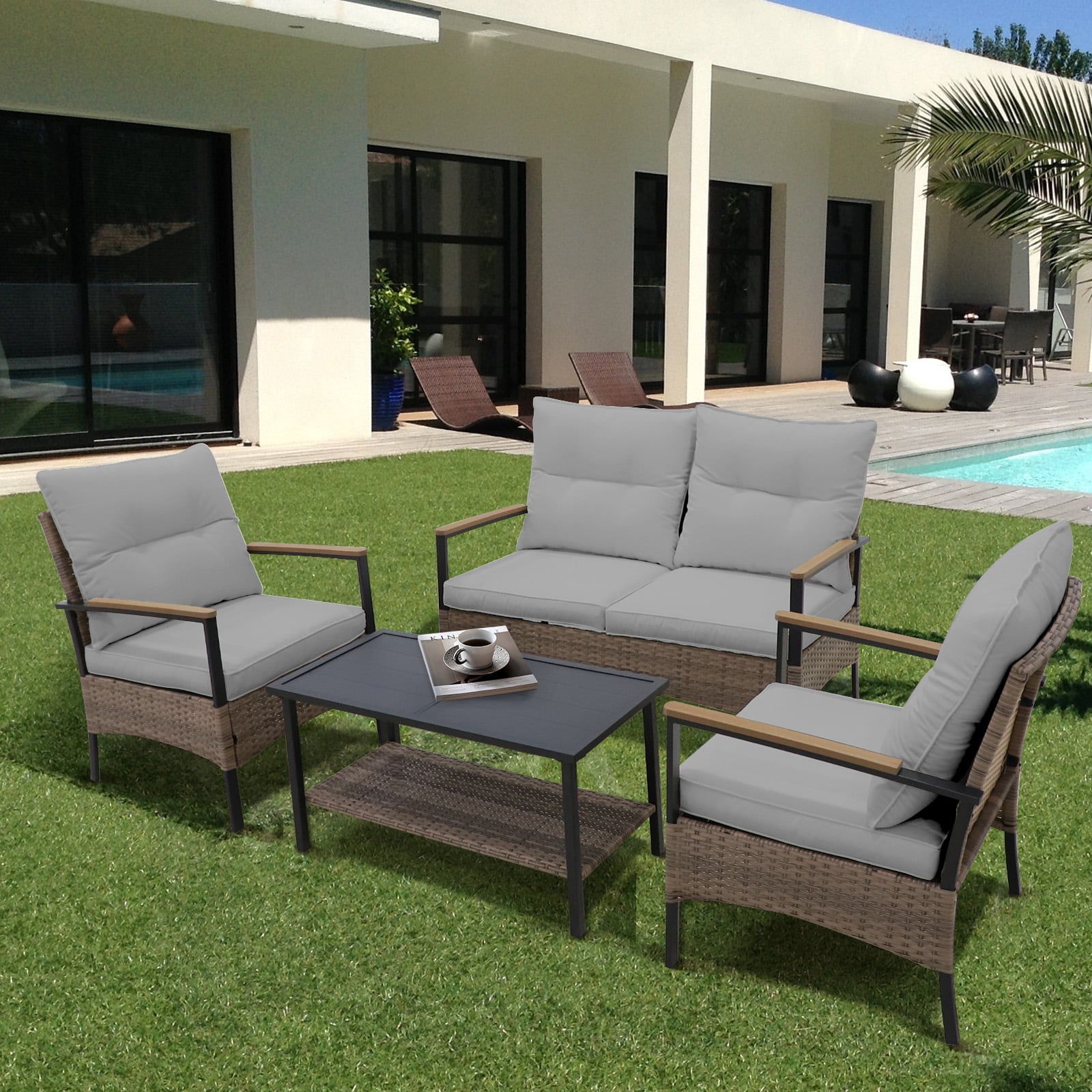 COOS BAY 4-Piece Patio Furniture Set Outdoor Rattan Conversation Sets - Loveseat and Chairs with Tables for Garden, Lawn, Deck, Backyard
