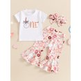thumbnail image 3 of Suagox Baby Girl  3Pcs Outfit 1st Birthday Outfit Letter Print Short Sleeve T-Shirt with Doughnut Pattern Flare Pants Headband for 6-18 Months Baby, 3 of 10