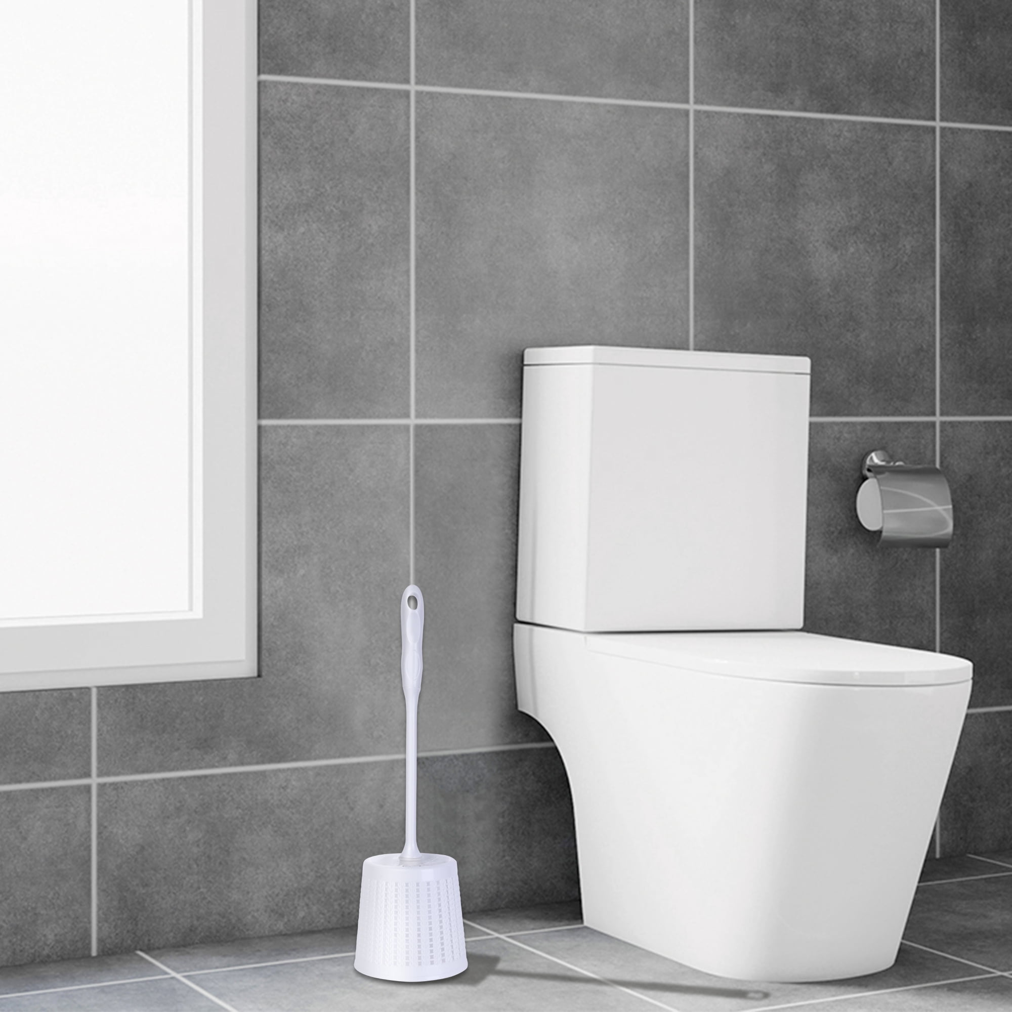 REGALWOVEN Toilet Brush Wall Mount Long Handle Flexible Brush Head Brush Holder Set Bathroom Accessories Ventilation Slots Base White 1 Pack