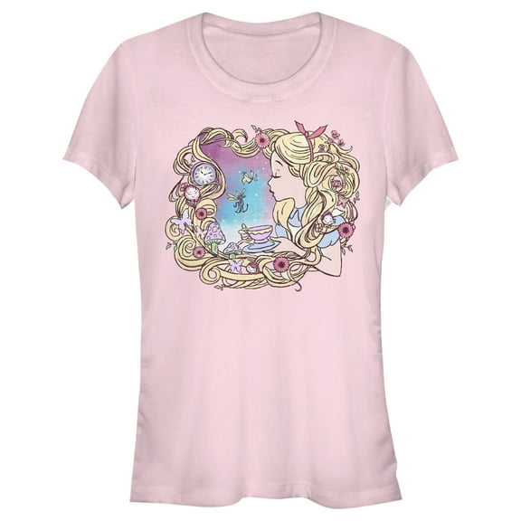 Junior's Alice in Wonderland Artistic Alice Long Hair Tea Party Graphic Tee Light Pink Large