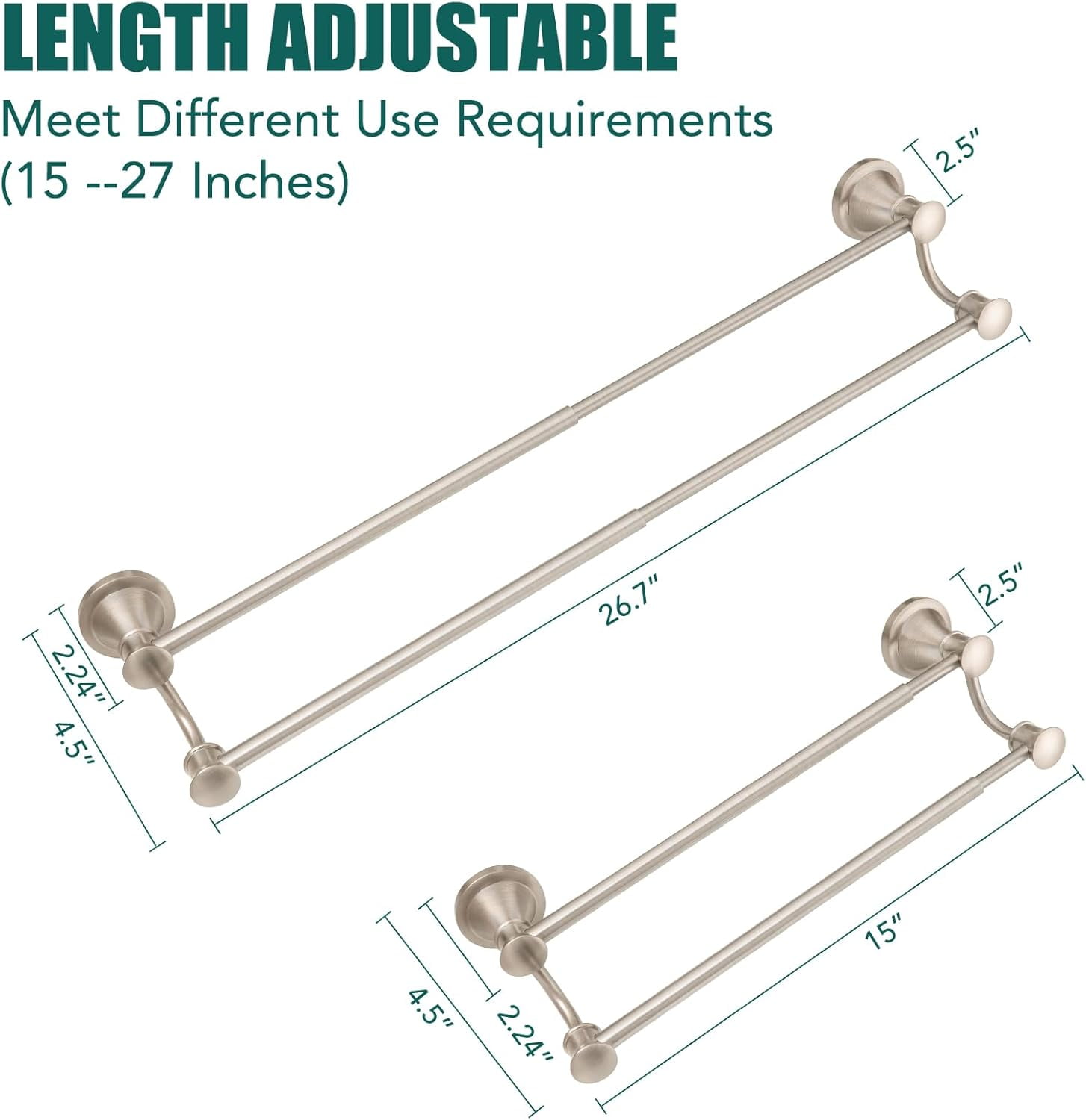 Adjustable Retractable 15-27 Inches Stainless Steel Bathroom Towel Bar, Bathroom Accessories Bath Hotel Double Towel Bar Rod Hanger Wall Mounted Towel Holder Towel Rack, Brushed Nickel