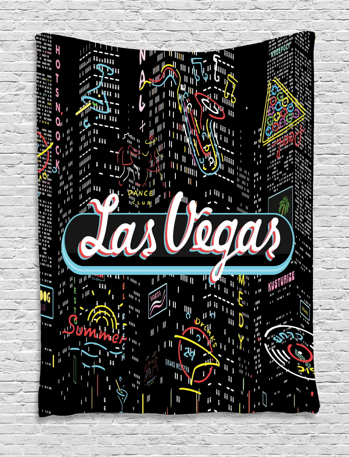 Las Vegas Tapestry, Colorful Elements of Vegas Entertaintment Monochrome Buildings Sax and Bar 