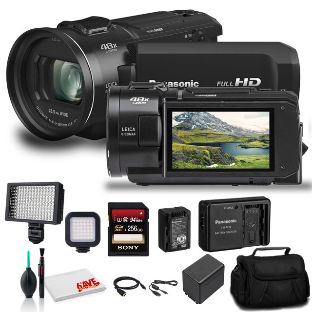 Videocámara Panasonic HC-V800 Full HD (HC-V800K) - Paquete - Con tarjeta de memoria de 256 GB + Kit de batería y cargador Panasonic + Luz de video LED + Bolsa suave + Juego de limpieza
