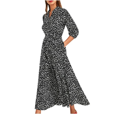 

Casual Chiffon Dress with Pockets Women Turndown Collar 3/4 Sleeve Dots Printed Long Dresses