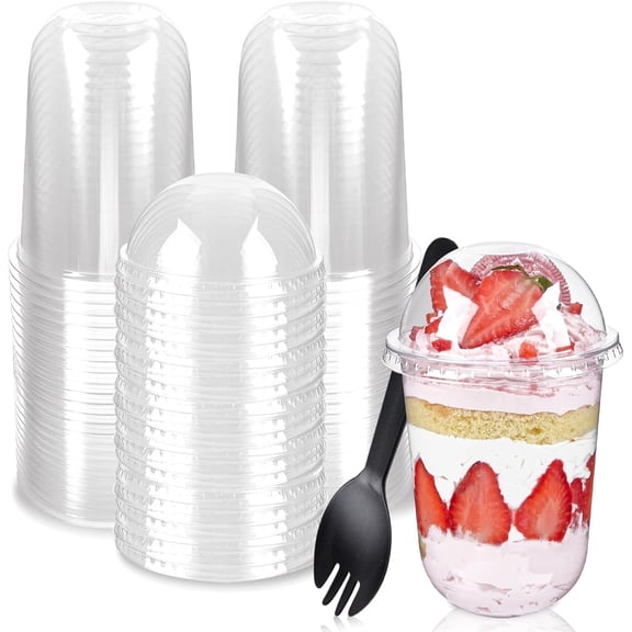 16 oz Plastic Dessert Cups with Dome Lids and Sporks, 50 Pack
