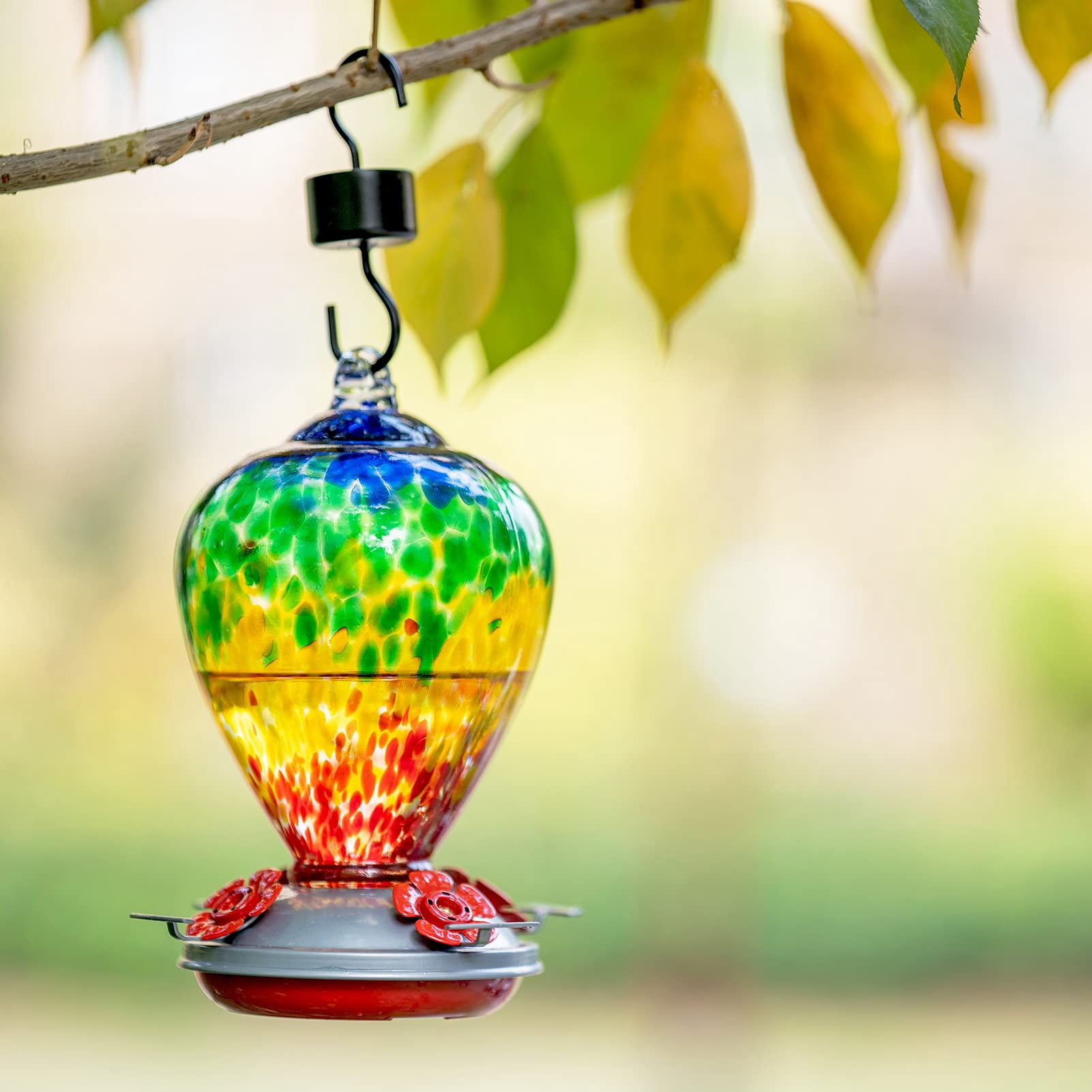Rainbow Hand Blown Glass Hummingbird Feeder For Outdoors Hanging Gardening Yard Patio
